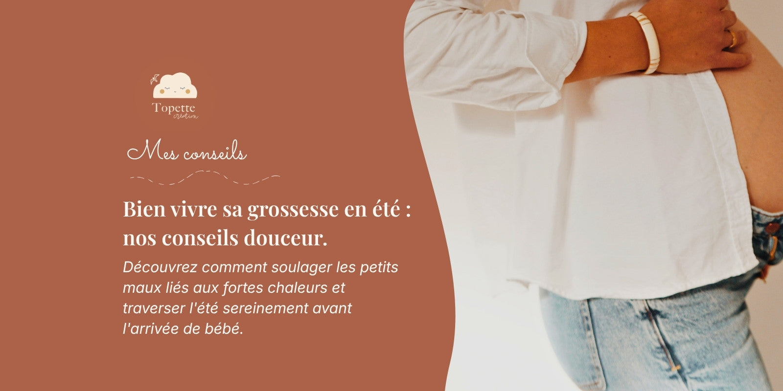 Futurs mamans se protégeant de la chaleur en été avec des accessoires doux Topette Création.