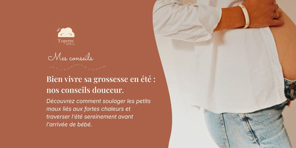 Futurs mamans se protégeant de la chaleur en été avec des accessoires doux Topette Création.
