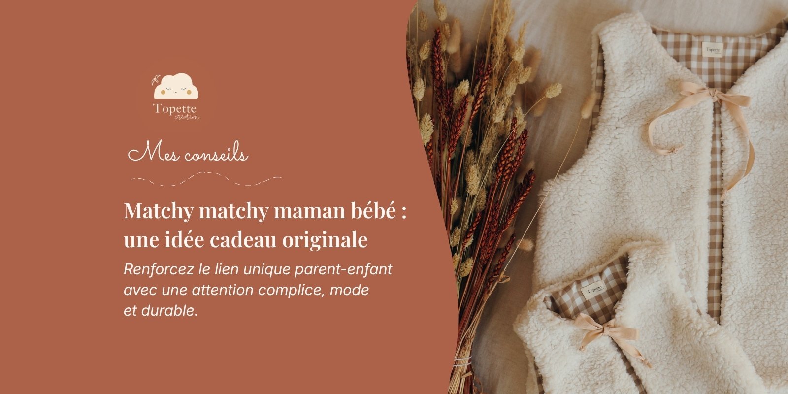 Bannière Topette Création "Matchy matchy maman bébé : une idée cadeau originale" avec deux gilets de berger en moumoute écru et doublure vichy marron assortis.
