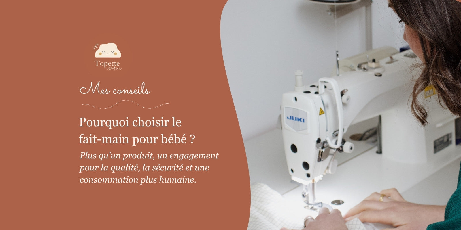 Anne-Sophie dans son atelier Topette Création confectionnant des accessoires pour bébé en France.